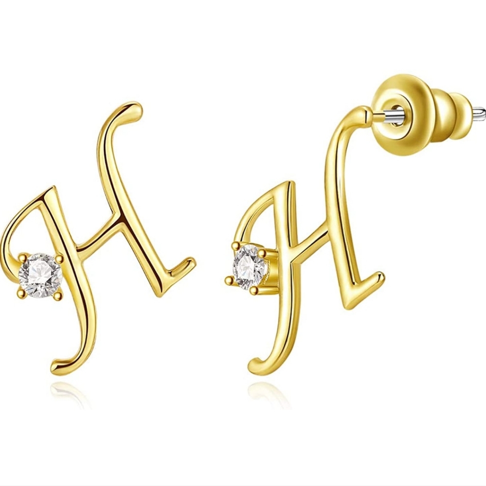 14k gold plated letter H stud earrings with cubic zirconia
